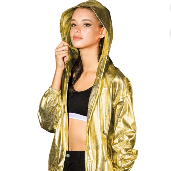 Allegra K Jackets & Blazers - Holographic Party Shiny Lightweight Zipper Hooded Metallic Jacket